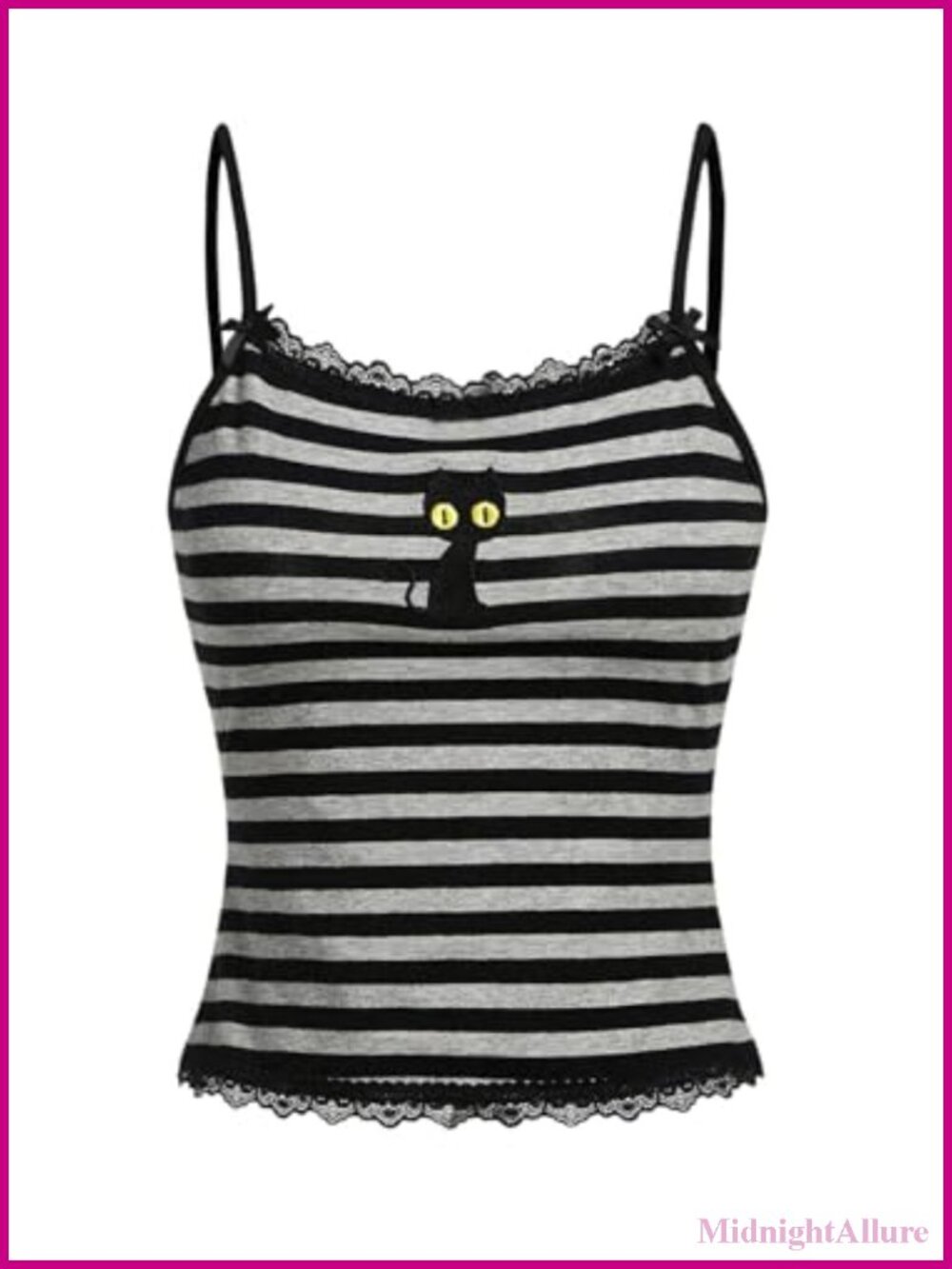 Y2K Lace Trim Cat Embroidery Striped Cami Crop Top